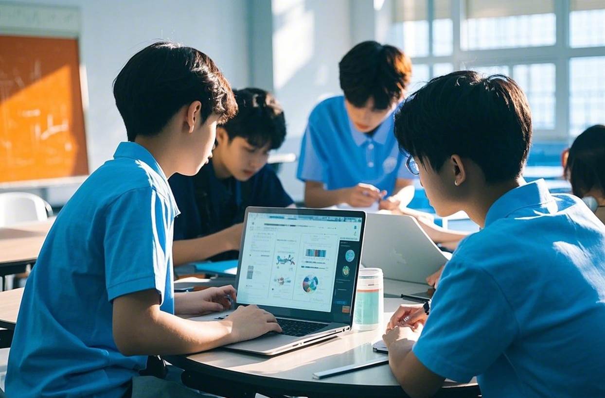 学生团队在现代化教室中讨论的图片（体现合作与综合素质）